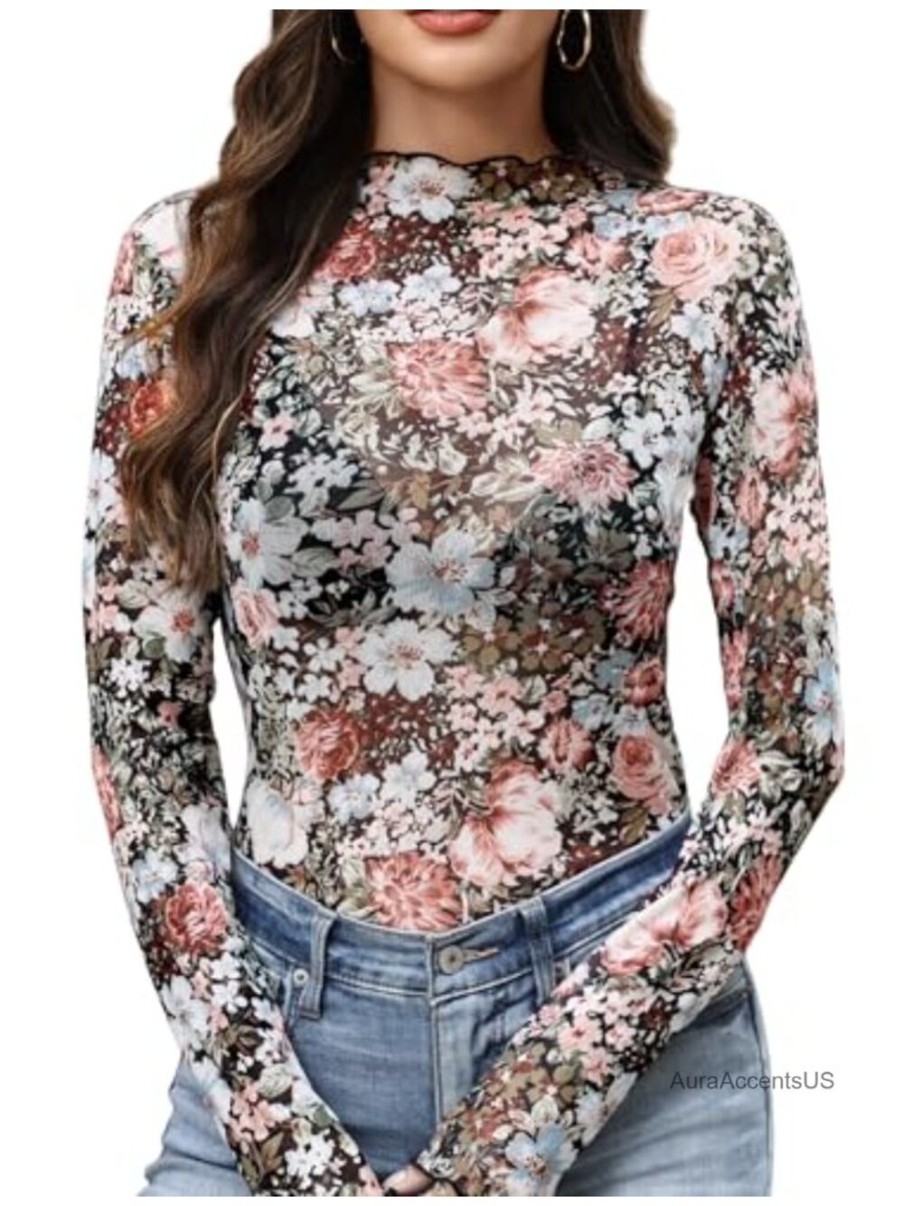 Women's Sheer Mesh Long Sleeve Mock Neck Lace Top
